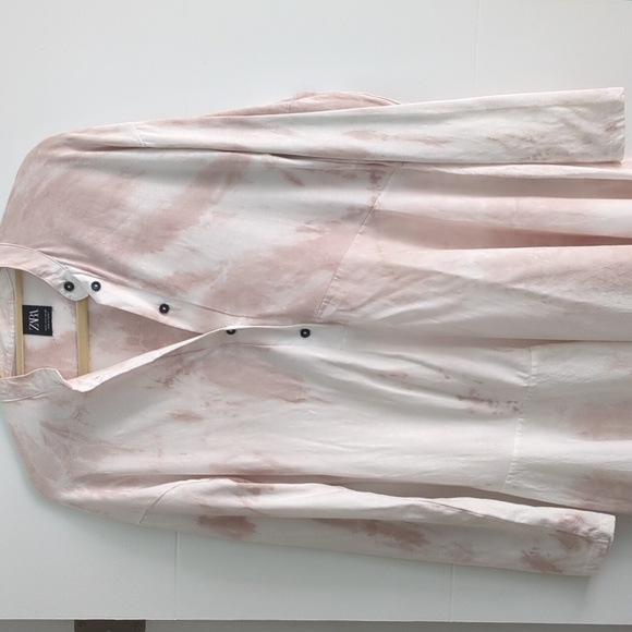 Zara asymmetrical  White and blush Tie-Dye midi half button down oversized Dress - Picture 3 of 7
